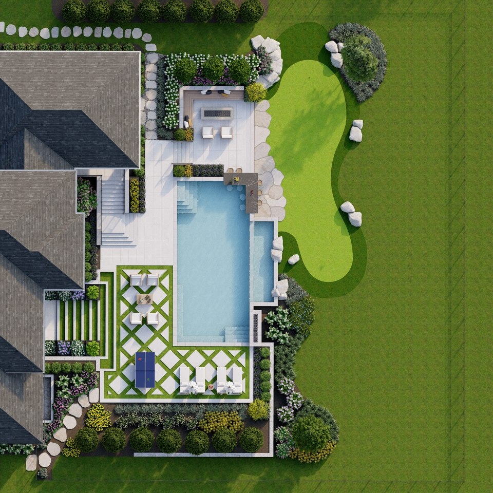 Terraced waterside garden / Lumion top view