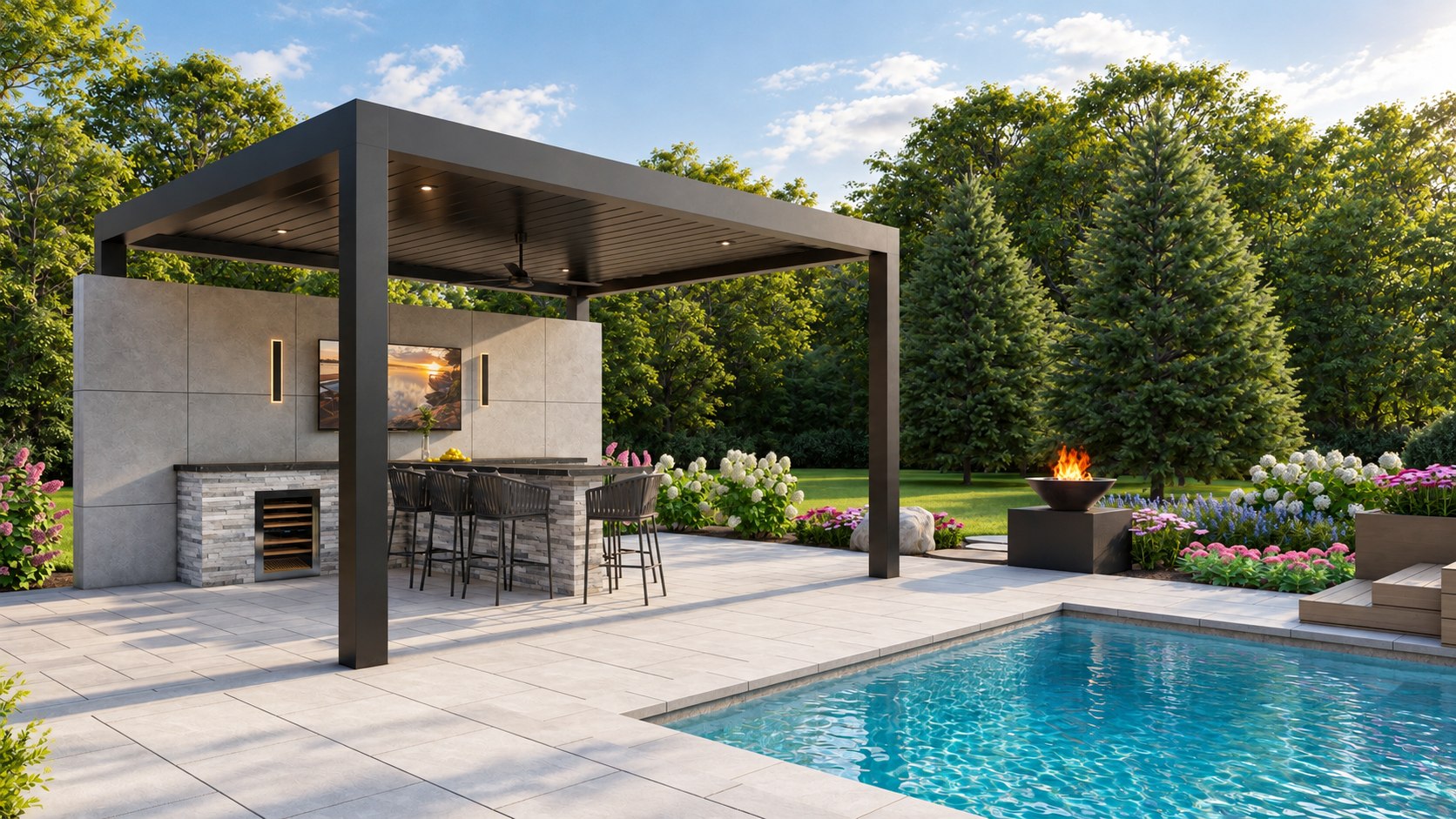 Pool pavilion with an outdoor kitchen, stone terrace and layered garden planting