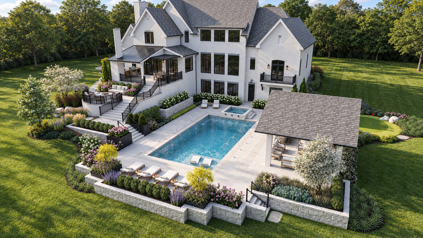 Garden across levels — Pool pavilion & hillside terraces